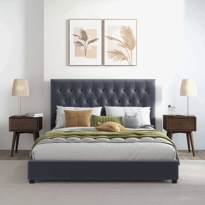 Queen Size Velvet Mid-Century Platform Bed with Tufted Headboard and Solid Wood Legs