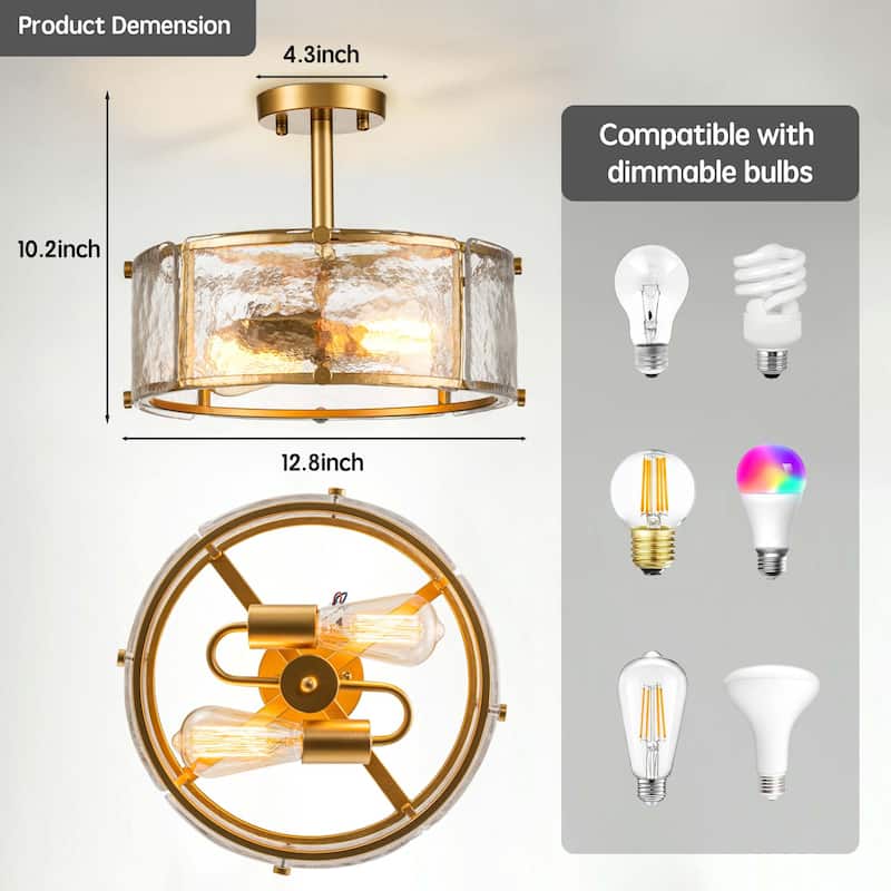Starsky 2-Light 13in. Modern Caged Drum Semi Flush Mount with Textured Glass Shade