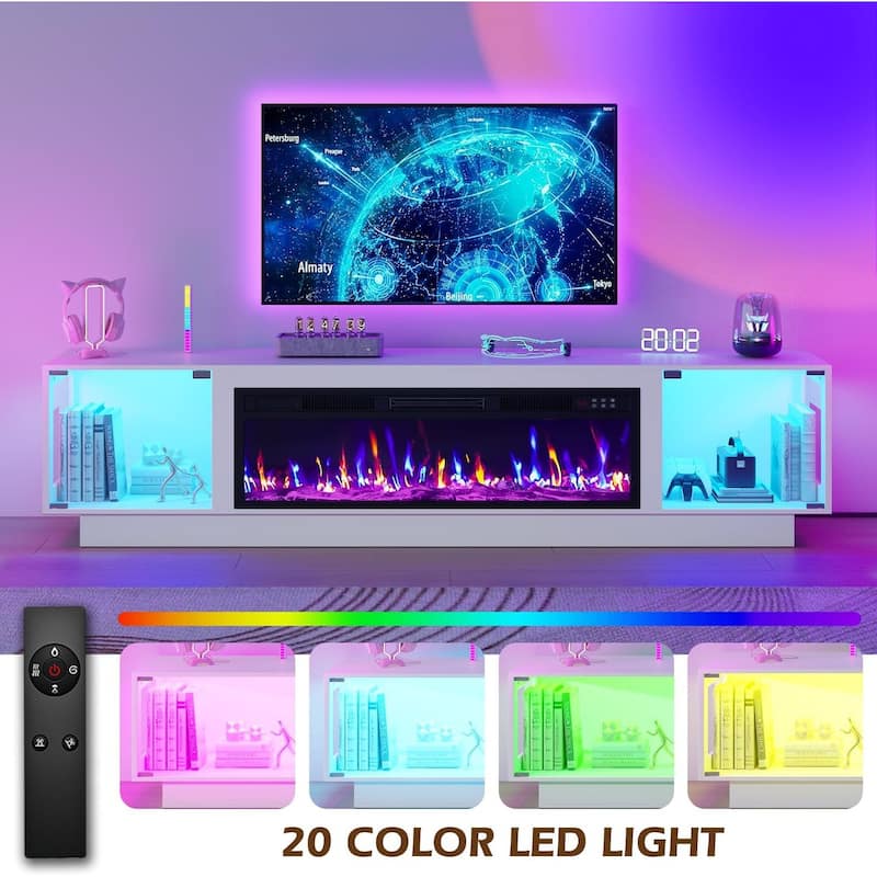 BOSSIN 80" Fireplace TV Stand with Adjustable LED Lights, Modern Entertainment Center with Glass Door Storage Cabinet, Black