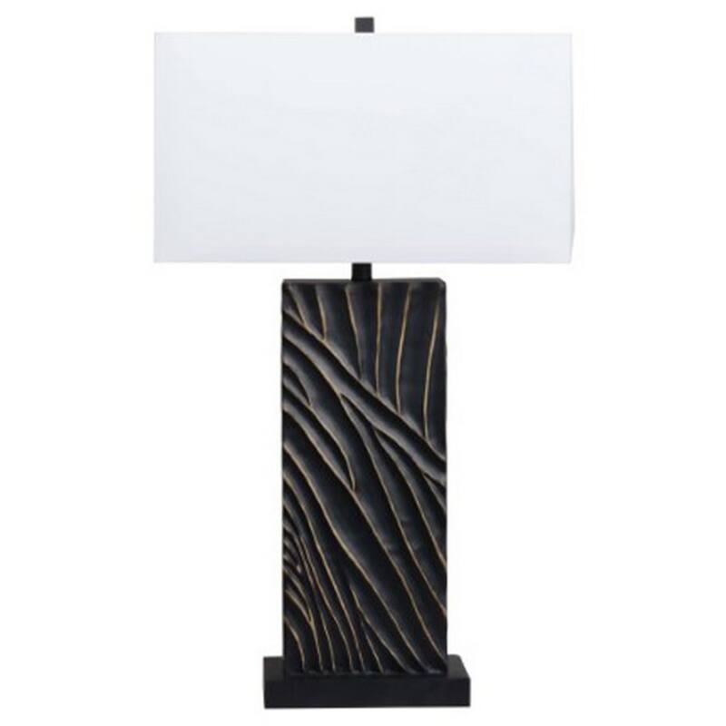 Len Table Lamp, White Rectangular Shade, Unique Lined Design Black Pedestal