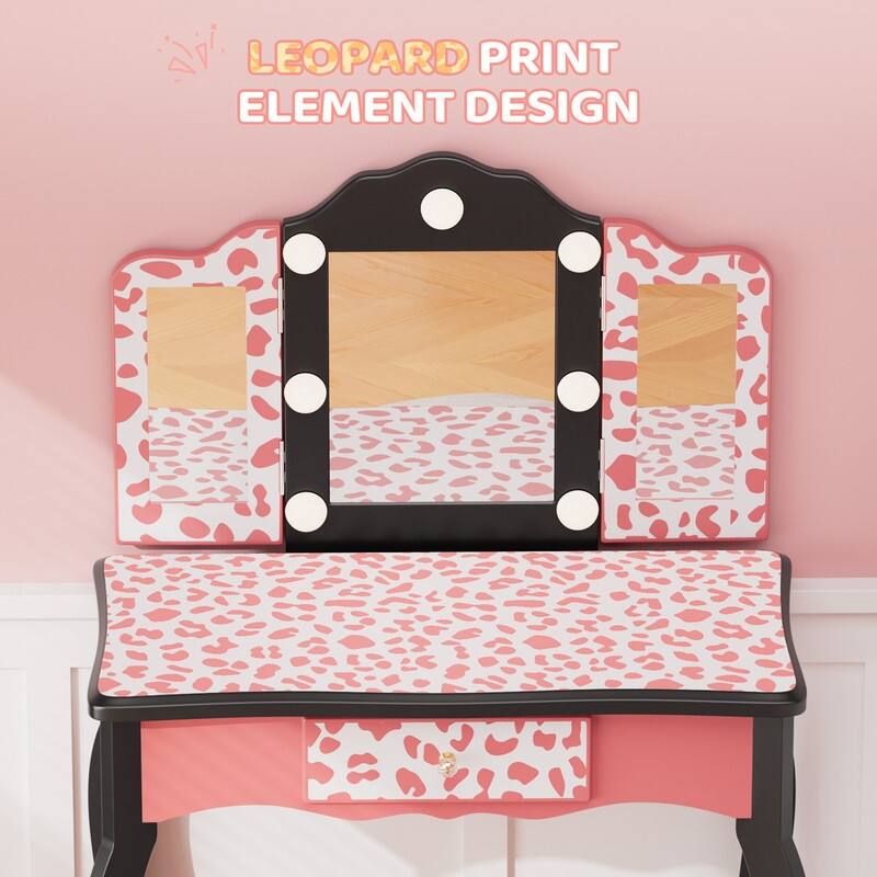 Kids MDF Vanity Table Set In Pink With 1 Drawer With 3-Color Dimmable LED Bulb - N/A