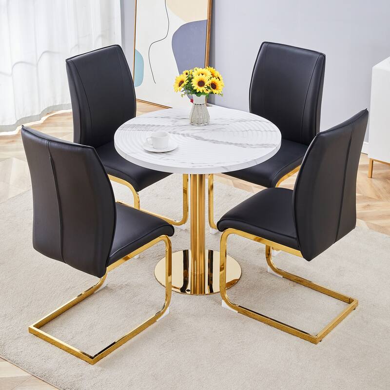 Roomfitters 5pcs Round White Marble Dining Table Set with High Resilience PU Dining Chairs