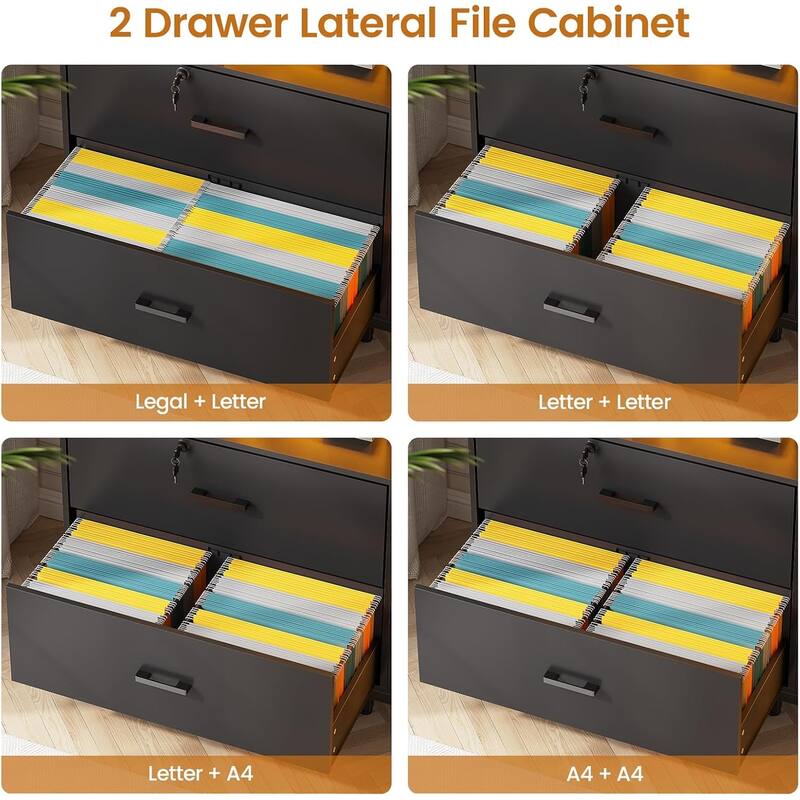 59" LED File Cabinet 2 Drawers Filing Cabinets Legal/Letter/A4 File