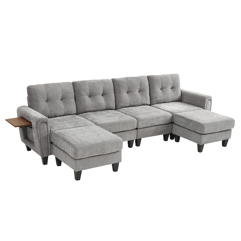 115" U-Shaped Sectional Couch, 6 Seat Upholstered Deep Seat Sofa with Movable Ottomans, USB Ports and Side Tables