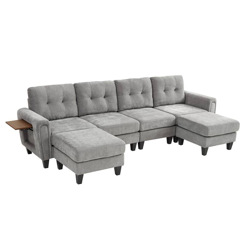 Roomfitters 115 Inch U-Shaped Sectional Sofa with 2 Ottomans and Foldable Side Tables, Chenille