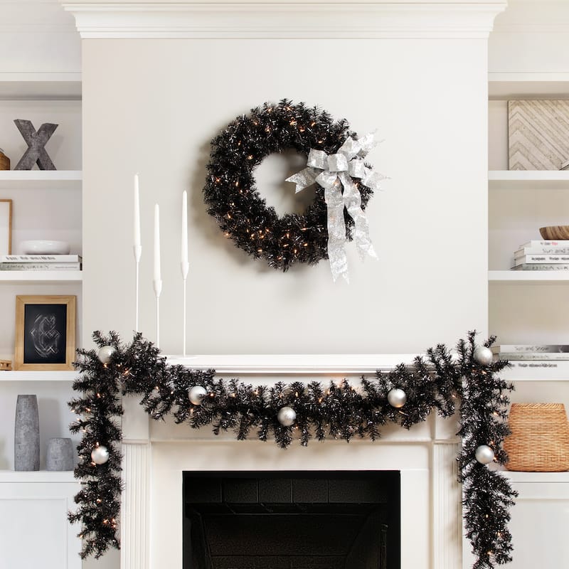 Pre-Lit Artificial Christmas Tinsel Garland - 9' x 8" - Black - Clear Lights