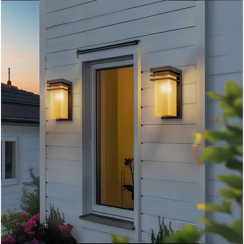 12" H Modern Bronze Outdoor Wall Sconce with Antique Amber Glass, E26 Base - No Sensor - 2 Packs