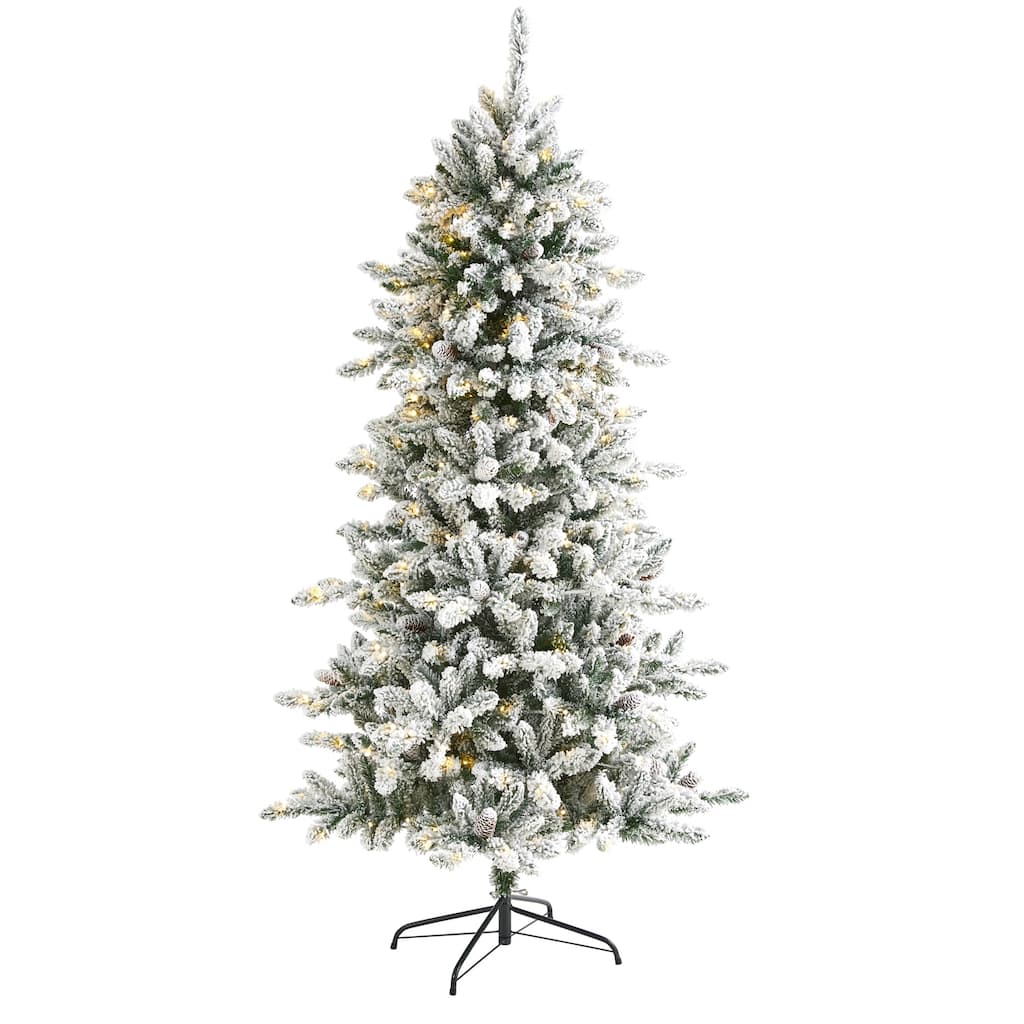 6.5ft Artificial Christmas Tree - Prelit Flocked Fir with Warm Lights & Pine Cones - White - 72