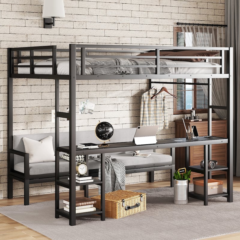 Queen-over-Twin XL Metal Bunk Bed with Folding Desk/Sofa, LED and USB
