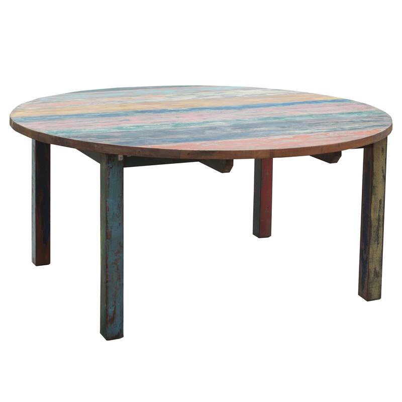 Chic Teak Round Dining Table made from Recycled Teak Wood Boats, 55 inch - Multi