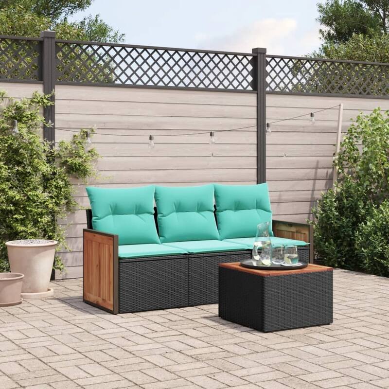 vidaXL 3/4 Piece Patio Sofa Set with Cushions Black/Gray Poly Rattan - 21.7 x 24.4 x 27.2 - Black With table