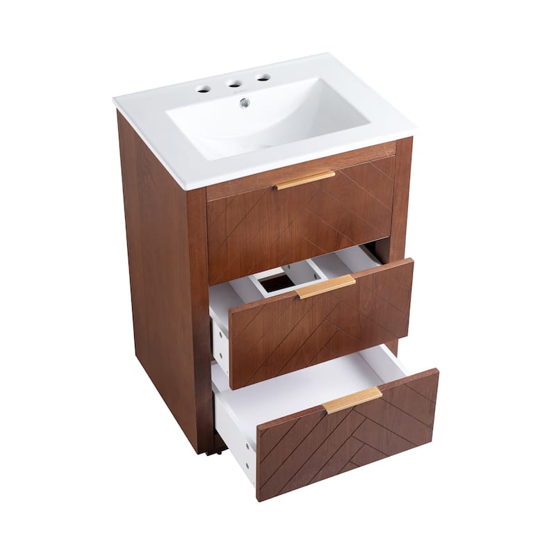 Daxton 24 In. Brown Walnut Bathroom Vanity With White, 3-Hole Ceramic Sink Top