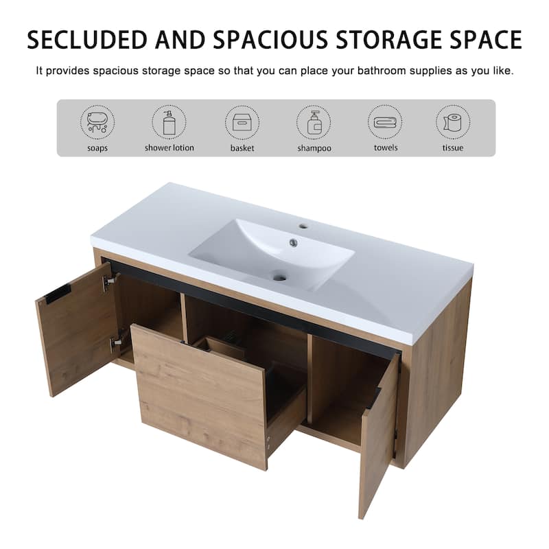 Malwee 24"/48" Floating Bathroom Vanity, Modern Wall Mounted Bathroom Vanity, Single with Resin Top and Soft Close Door