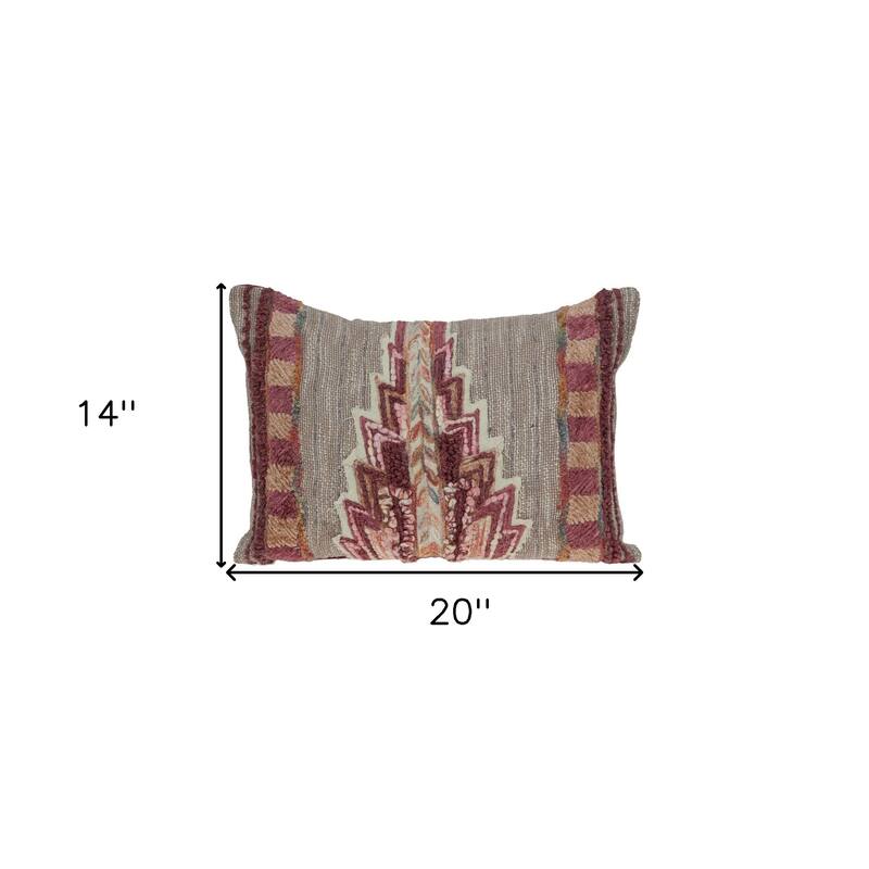 HomeRoots 14" X 20" Beige and Pink Southwestern Cotton Throw Pillow With Embroidery