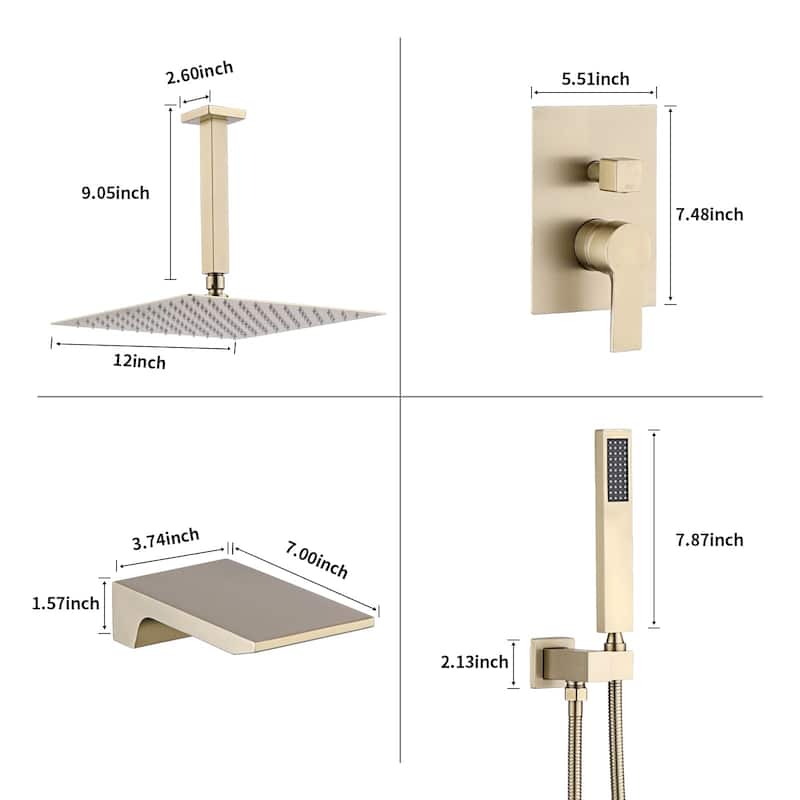 12 Inch Shower System With Waterfall Tub Spout and Handheld Sprayer Rain Ceiling Mount Tub Shower Faucet Set With Rough-in Valve