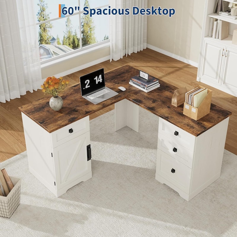 Executive L Shaped Home Office Computer Desk with File Drawers