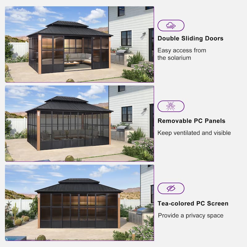 PURPLE LEAF Double Top Outdoor Sunroom Screen House Patio Hardtop Gazebo