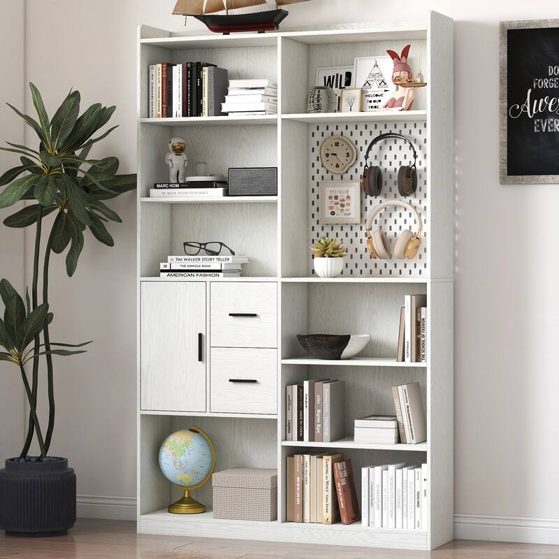 Modern Wide Wood Bookshelf and Bookcase with Pegboard and 9 Cubby Shelves for Living Room