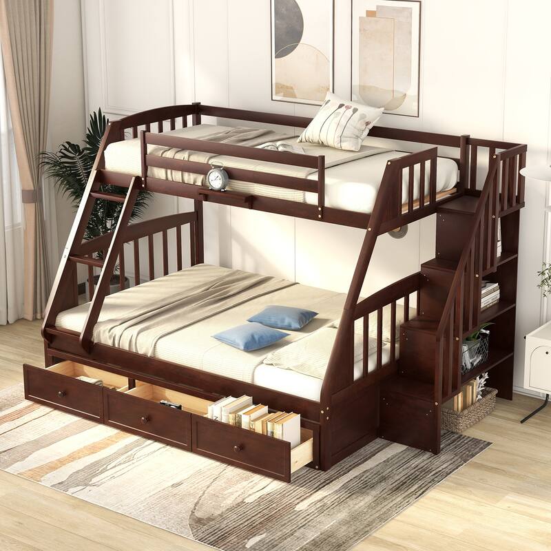 Twin-Over-Full Bunk Bed with Drawers, Ladder, and Storage Staircase in Espresso