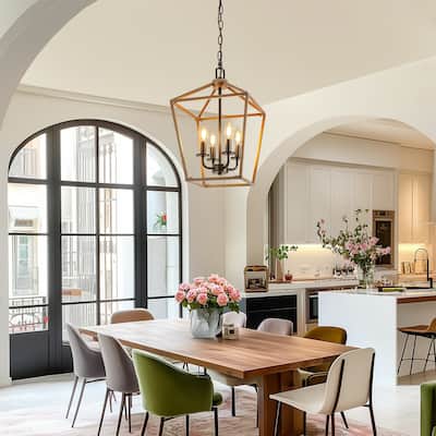 Farmhouse Lantern Chandelier 4-Light E12 Pendant Light, Black Wood