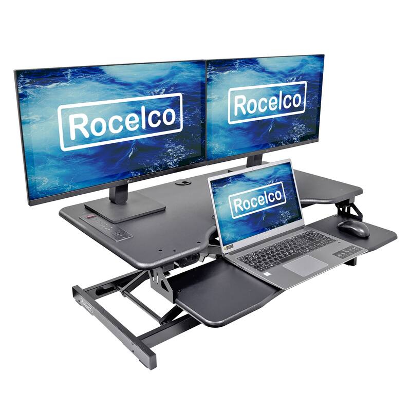 Rocelco 37.4 in. W Beige Electric Standing Desk Converter with AC USB Charger, Motorized Lift, Dual Monitor Riser and Tray