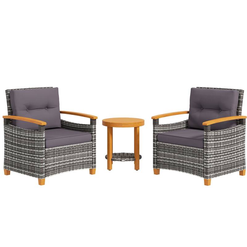 3 Pieces Patio Bistro Set Wooden with Cushions, PE Wicker Patio Furniture Outdoor for Porch, Backyard, Garden