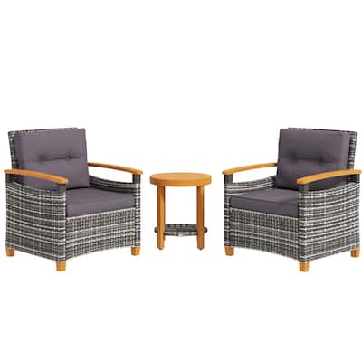 3 Pieces Patio Bistro Set Wooden with Cushions, PE Wicker Patio Furniture Outdoor for Porch, Backyard, Garden