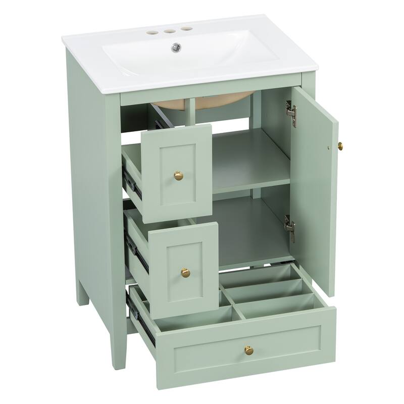 Roomfitters 24" Bathroom Vanity with Sink, Solid Wood Legs, 3 Drawers with Removable Dividers & Adjustable Shelf
