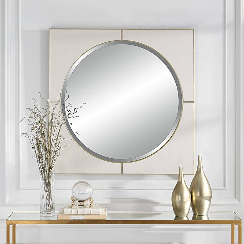 Faux Shagreen Beveled Square Wall Mirror - 40" - White and Gold