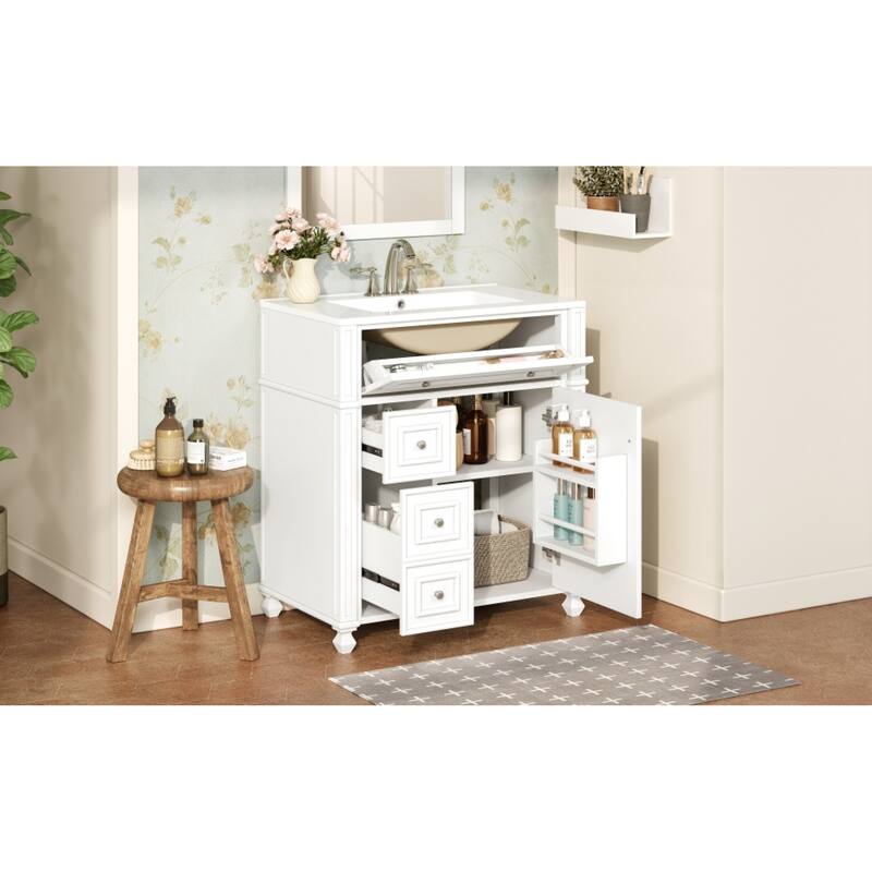 Roomfitters 30 Inch Bathroom Vanity with Ceramic Sink Basin, Soft Close Storage Cabinet & Door Organizer