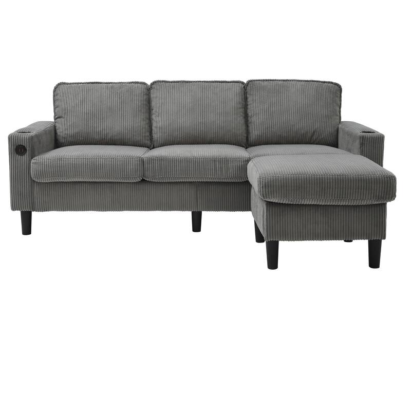 L-Shaped Sectional Sofa with Storage Ottoman, Upholstered 3-Seater Sofa with Side Pockets, USB Port & Cup Holders