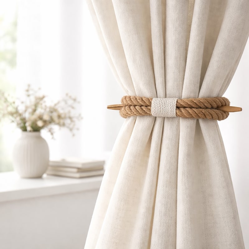 Twisted Curtain Tiebacks with Wooden Stick 9.5 in - 1 Tieback - Jute
