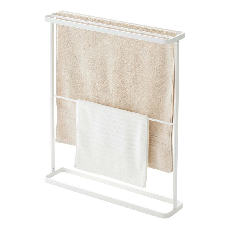 Yamazaki Home Bath Towel Hanger, Steel, Holds towels up to 24.5" x 58", Holds 2.2 lbs - L 5.91 x W 25.59 x H 29.53 inches - White
