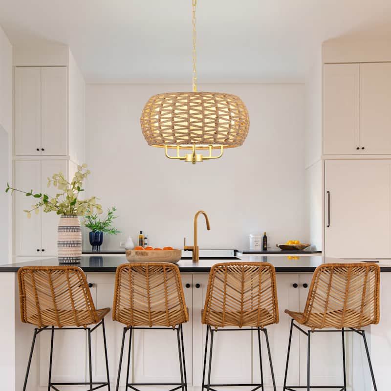 5-Light Hemp Rope Candlestick Hanging Linear Chandelier Lighting with Cloth Cover for Kitchen Island