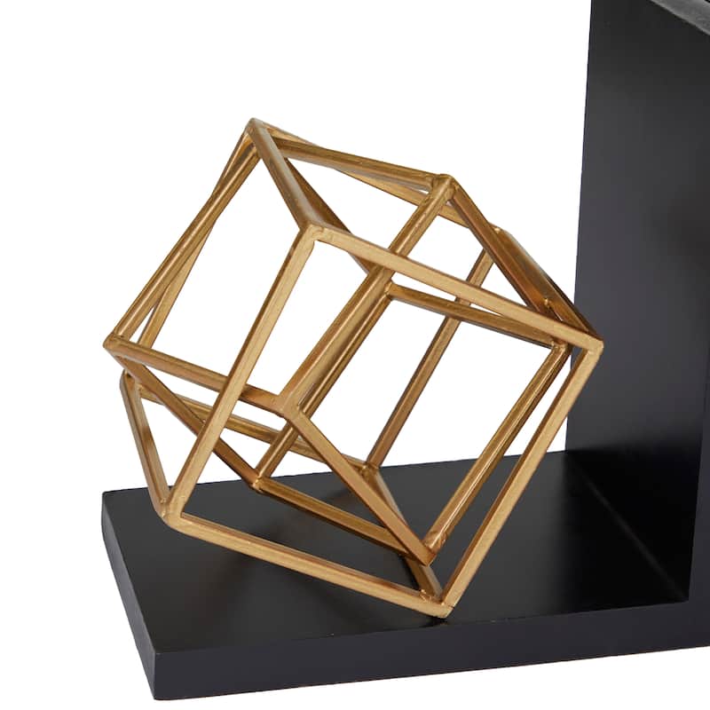 Stainless Steel Metal Geometric Overlapping Cube Bookends with Black Bases - Set of 2 Gold - Roche River Decor - 6"W x 8"L x 8"H