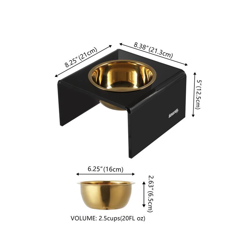 Keaton 5" Small/Medium Modern Lucite Rectangular Elevated Pet Feeder with 20oz 2-Stainless Steel Bowls