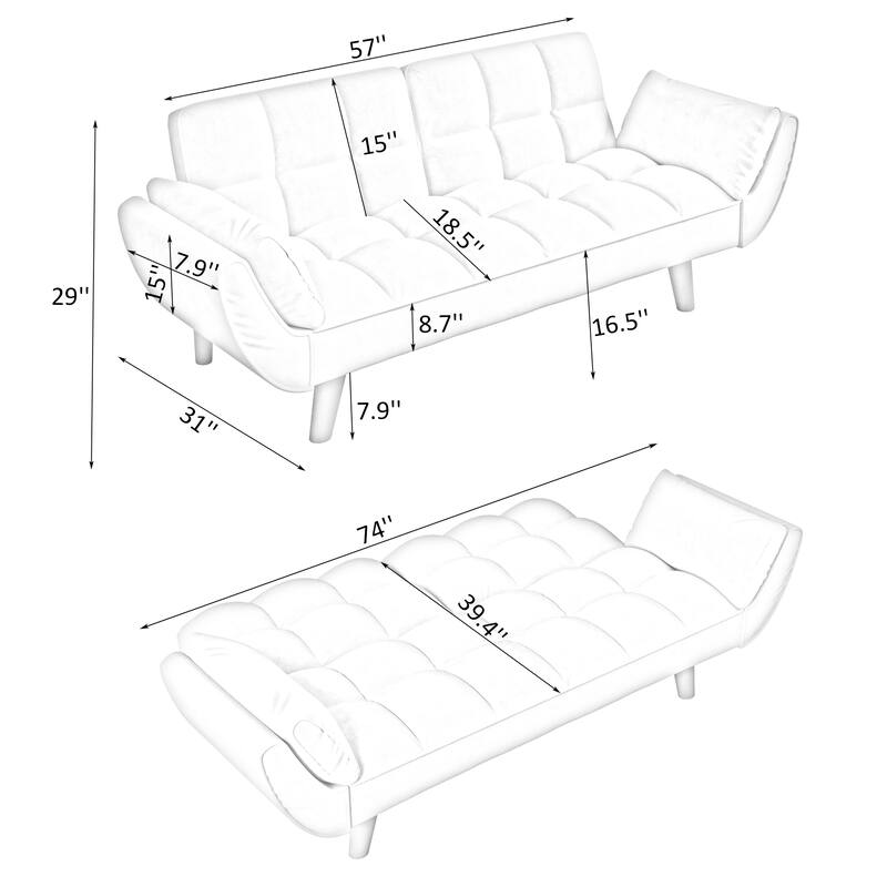Black 57" Velvet 2 Seater Convertible Sofa with Adjustable Backrest and Armrests for Compact Living Spaces
