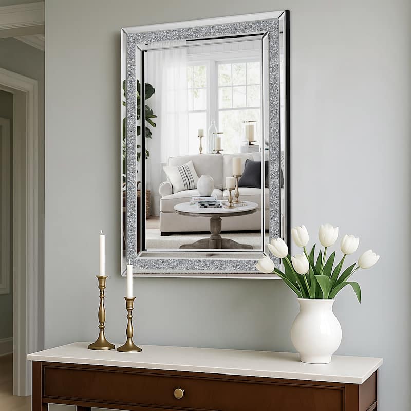 Glam Crystal Accent Mirror Diamond Inlay Wall Mirror