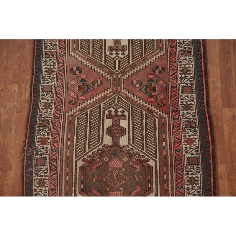 Pink Ardebil Persian Vintage Runner Rug Hand-knotted Wool Carpet - 3'6" x 10'2"