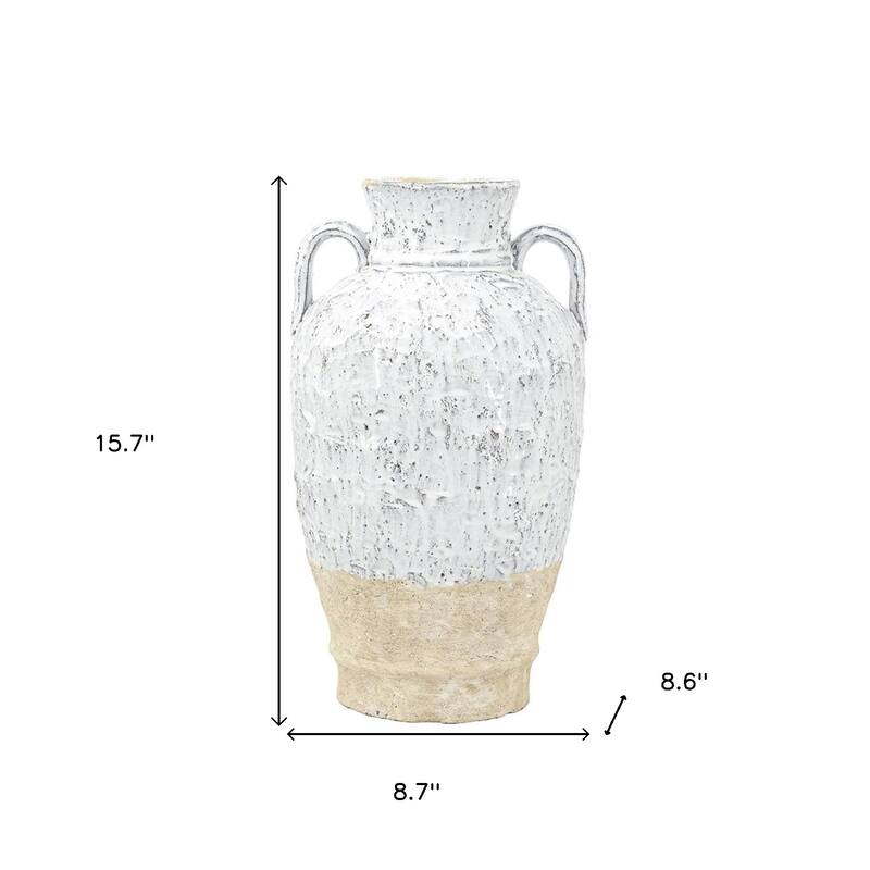 16" Beige And Ivory Amphora Terracotta Urn - 8.70