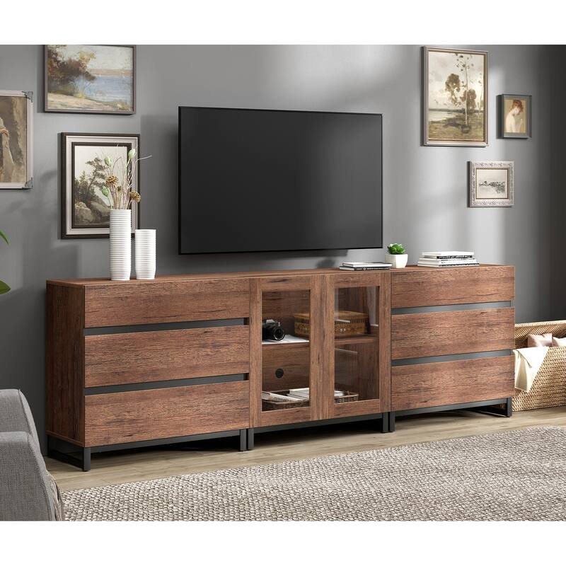 3 In 1 TV Stand for Tvs Up to 100 Inch, Modern TV Console with Glass Doors and 6 Drawers, Entertainment Center for Living Room - 94.5 inches - Brown