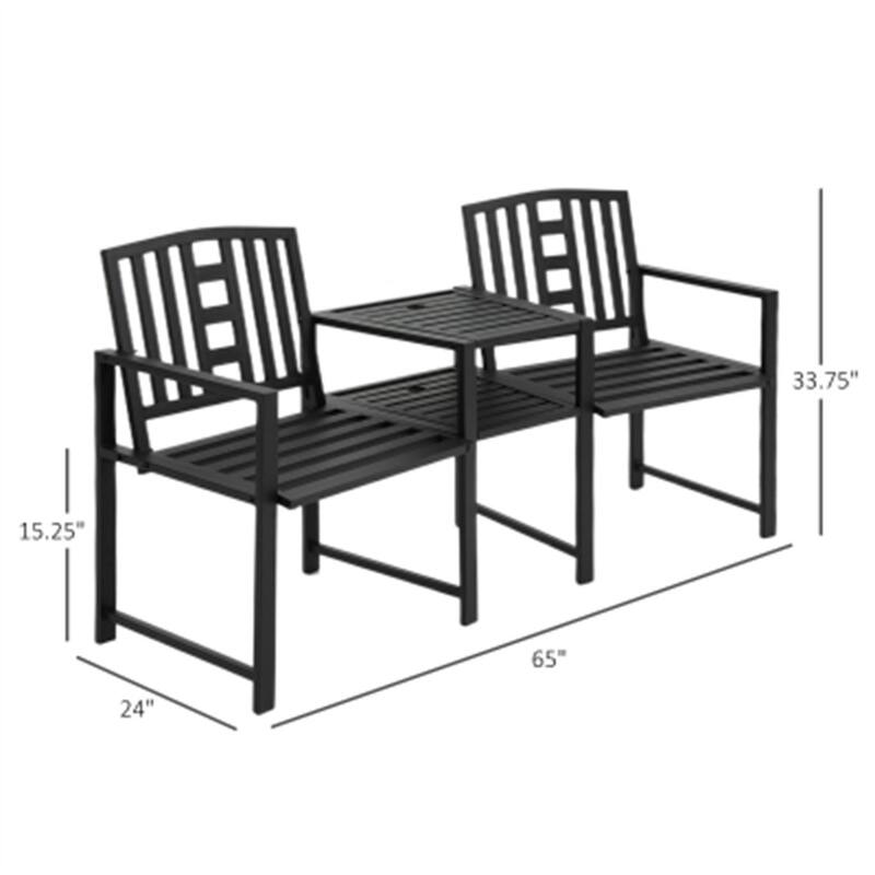 Outdoor Black Metal Garden Loveseat with Tea Table Two Seat Patio Bench for Backyard Porch and Patio - 65" L x 24" W x 33.75" H