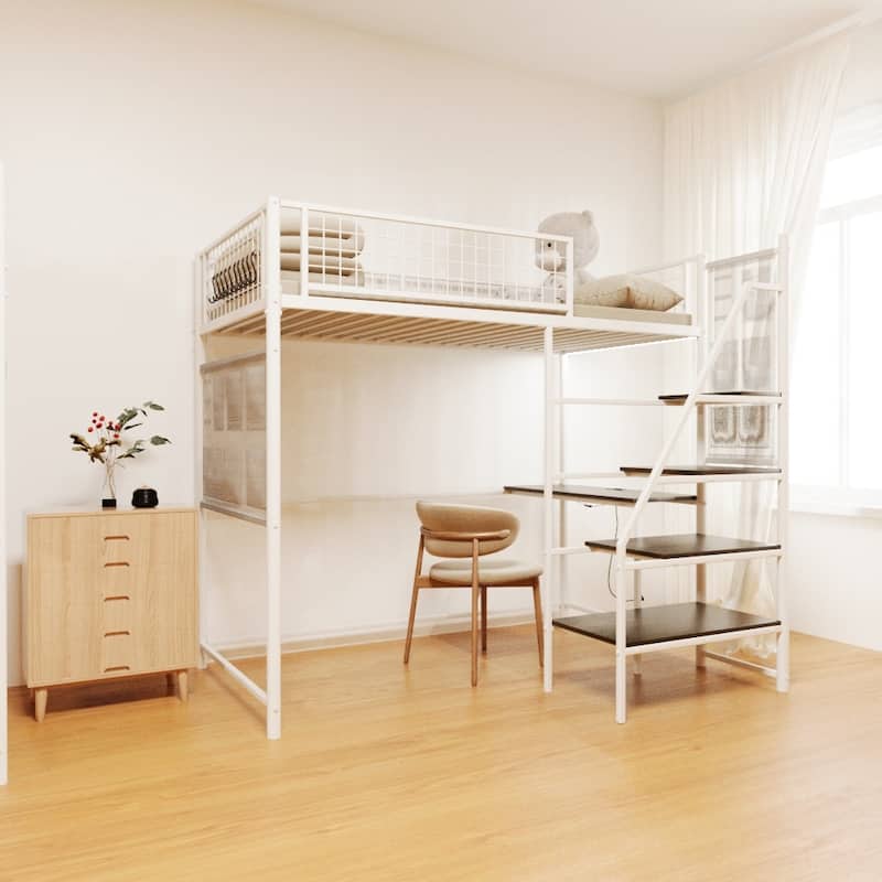 Twin Loft Bed with Desk, Charging Station, LED Lights, and Storage for Bedroom or Dormitory