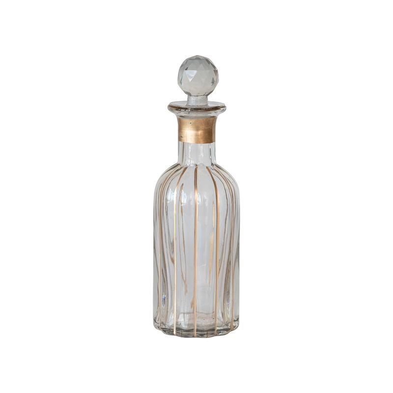 Blown Glass Fluted Decanter with Hand-Painted Finish Stripes and Stopper - Clear, Gold