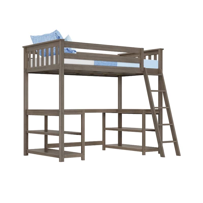 Max and Lily Twin Size High Loft Bed with Wraparound Desk and Shelves