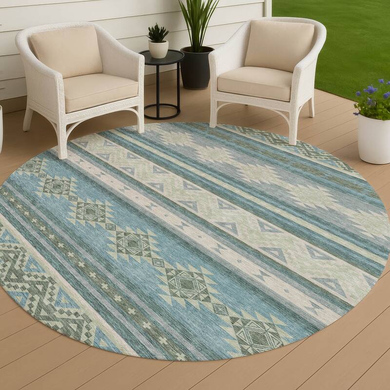Machine Washable Indoor/ Outdoor Global Heston Chantille Rug - Teal - 8' x 8'