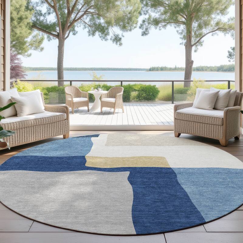 Machine Washable Indoor/ Outdoor Contemporary Blox Chantille Rug - Blue - 8' x 8'