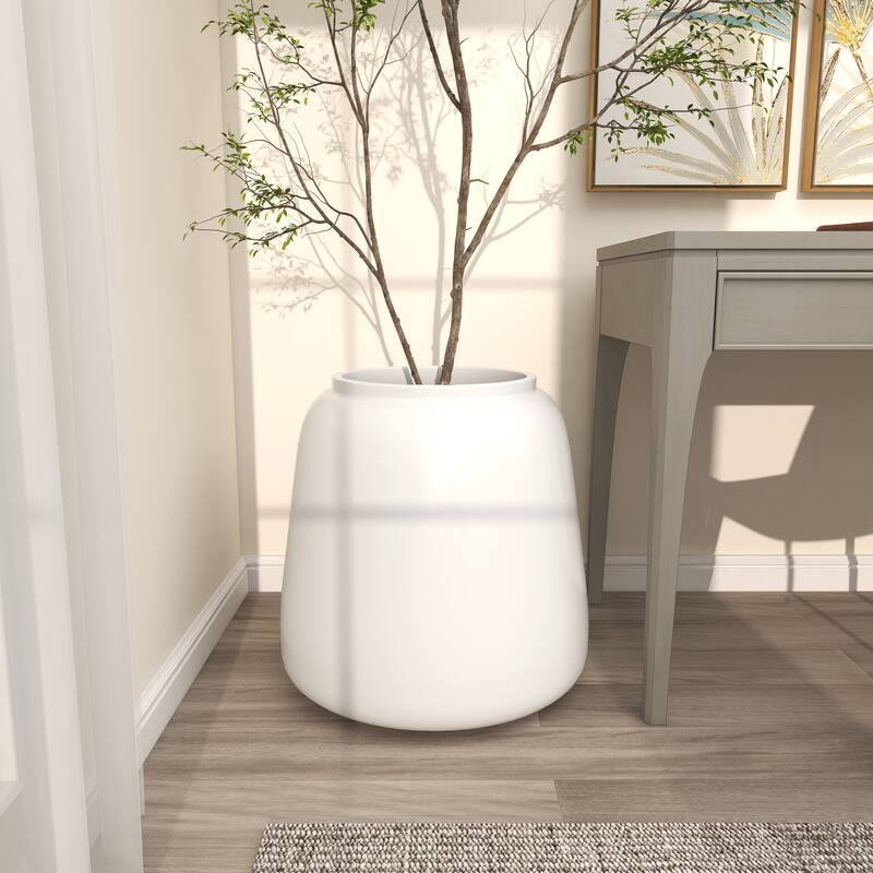White Resin Short Wide Round Floor Decorative Vase - White