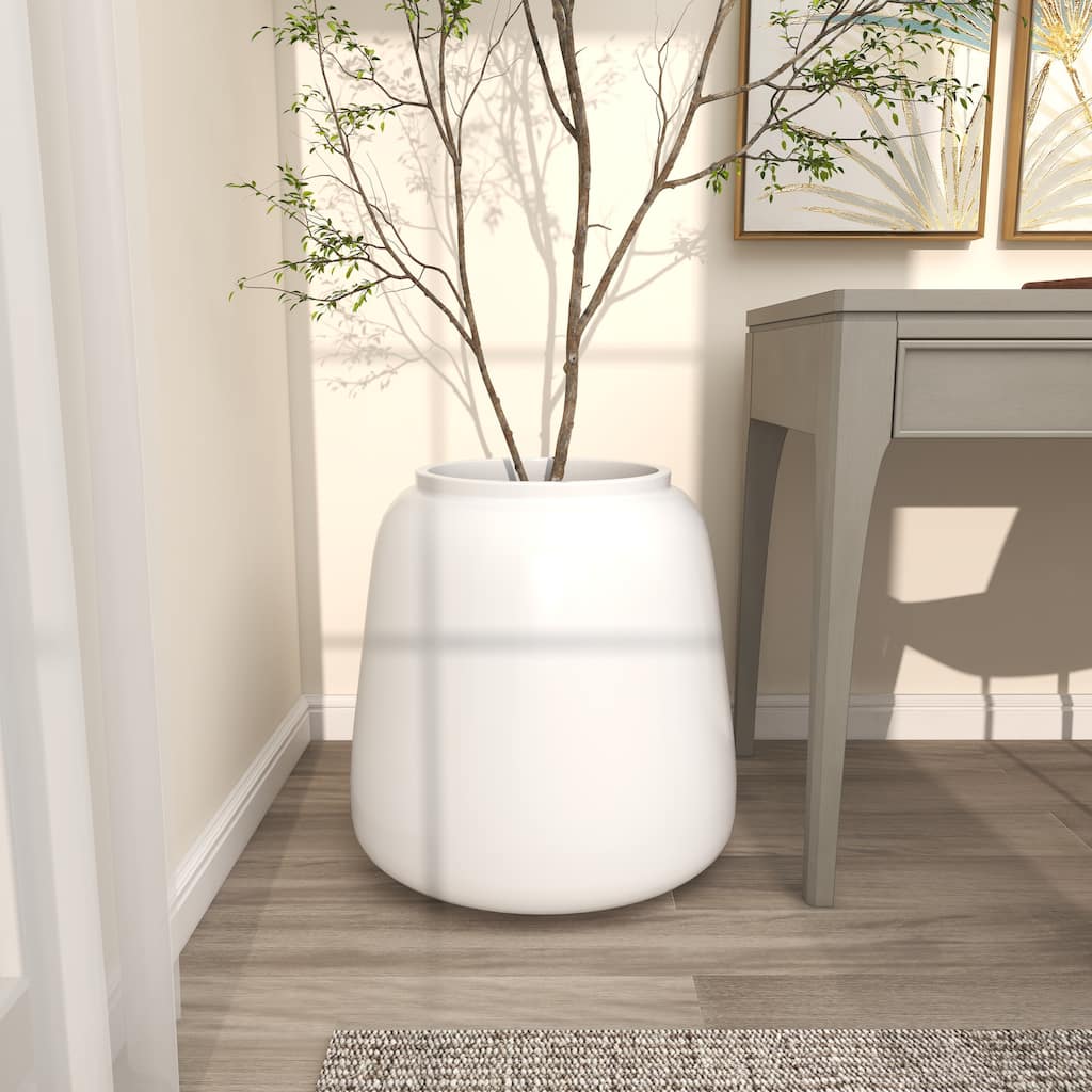White Resin Short Wide Round Floor Decorative Vase