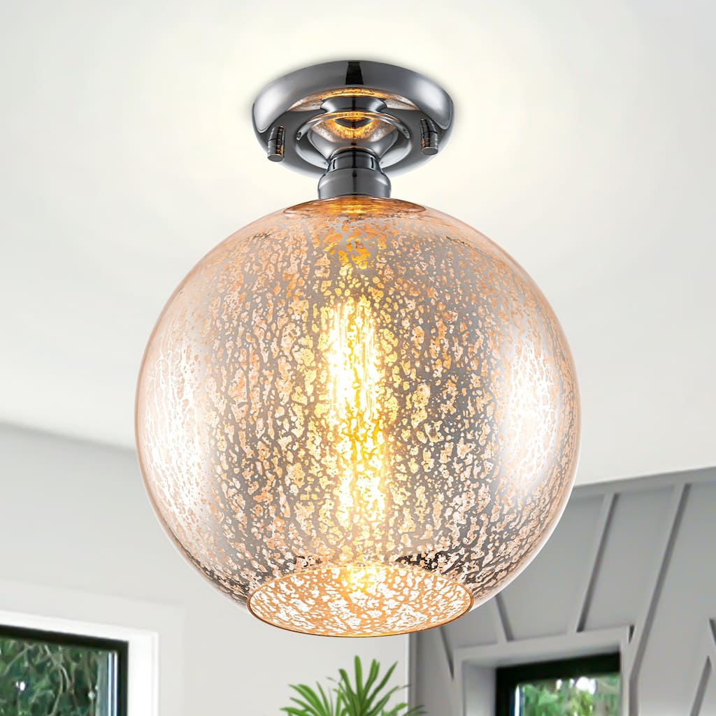 1 Light Semi-Flush Mount Ceiling Light with Cognac Crackle Glass Globe - Dia.10-in